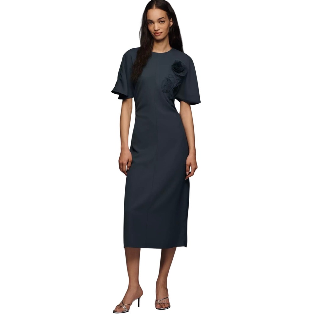 NWT Maeve Anthropologie Ruched Short Sleeve Midi Dress Navy Blue Size S